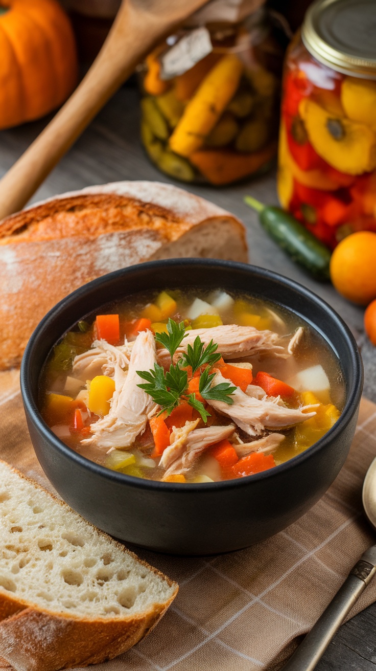 A warm bowl of chicken soup with shredded chicken and vegetables on a rustic table with bread.